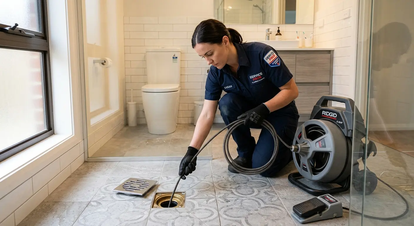Technician clearing a bathroom floor drain for Drain Repair in Winchester